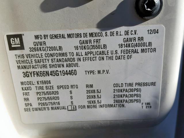 3GYFK66N45G194460 - 2005 CADILLAC ESCALADE E WHITE photo 10