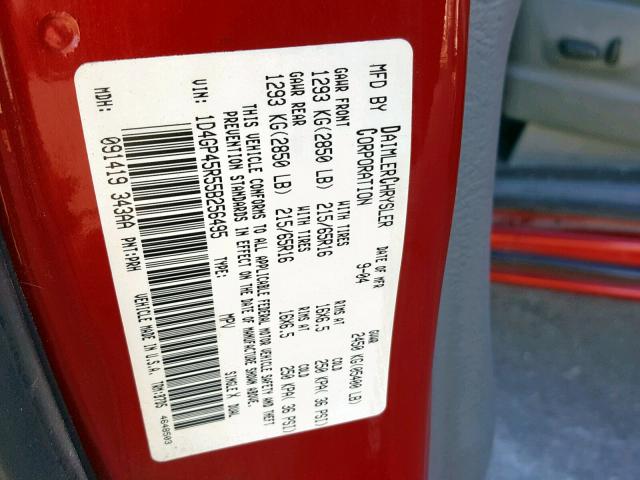 1D4GP45R55B256495 - 2005 DODGE CARAVAN SX RED photo 10