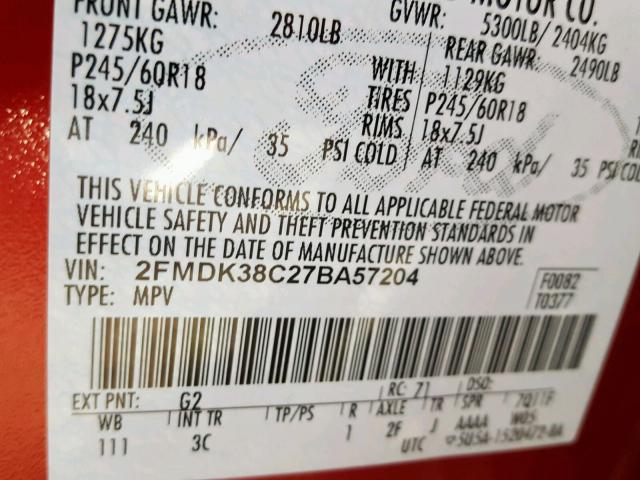 2FMDK38C27BA57204 - 2007 FORD EDGE SEL RED photo 10