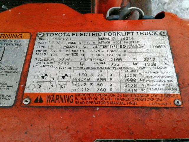 16316 - 2000 TOYOTA 7FBEU20 ORANGE photo 10