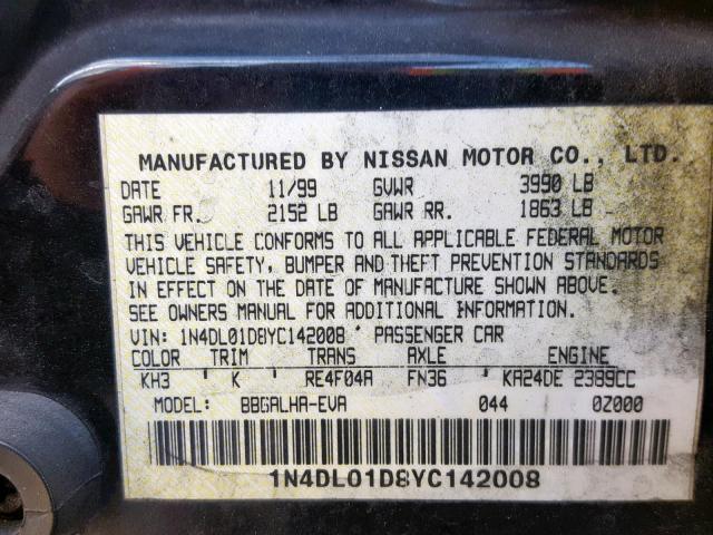 1N4DL01D8YC142008 - 2000 NISSAN ALTIMA XE BLACK photo 10