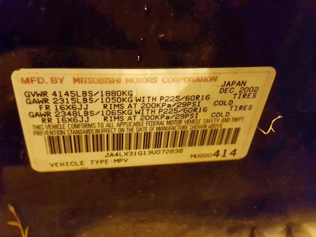 JA4LX31G13U072838 - 2003 MITSUBISHI OUTLANDER BLUE photo 10