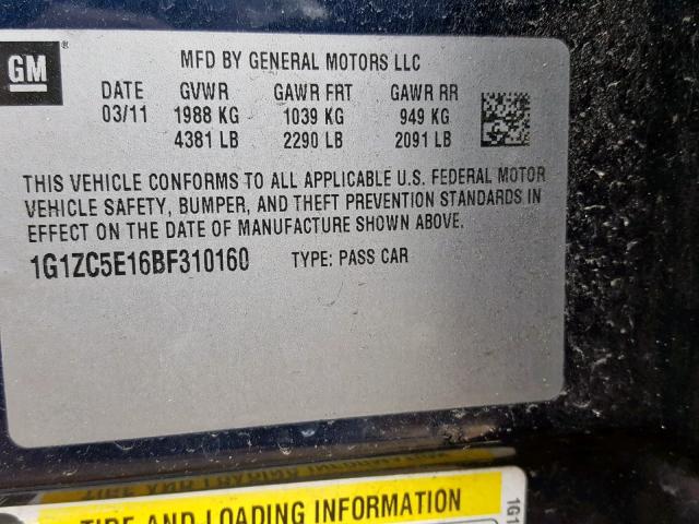 1G1ZC5E16BF310160 - 2011 CHEVROLET MALIBU 1LT BLUE photo 10