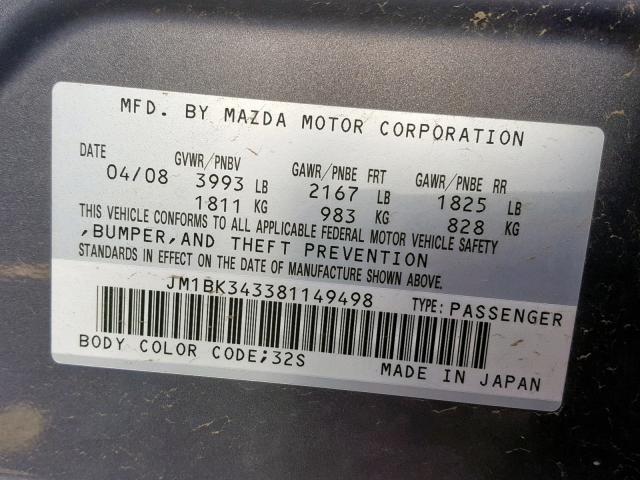 JM1BK343381149498 - 2008 MAZDA 3 HATCHBAC SILVER photo 10