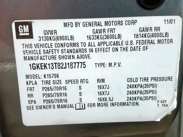 1GKEK13T82J187775 - 2002 GMC YUKON GRAY photo 10