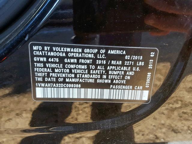 1VWAH7A32DC099386 - 2013 VOLKSWAGEN PASSAT S BLACK photo 10