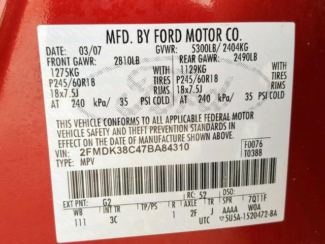 2FMDK38C47BA84310 - 2007 FORD EDGE SEL RED photo 10