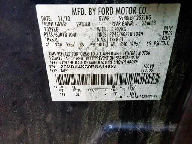 2FMDK4KC0BBA44958 - 2011 FORD EDGE LIMIT BLUE photo 10