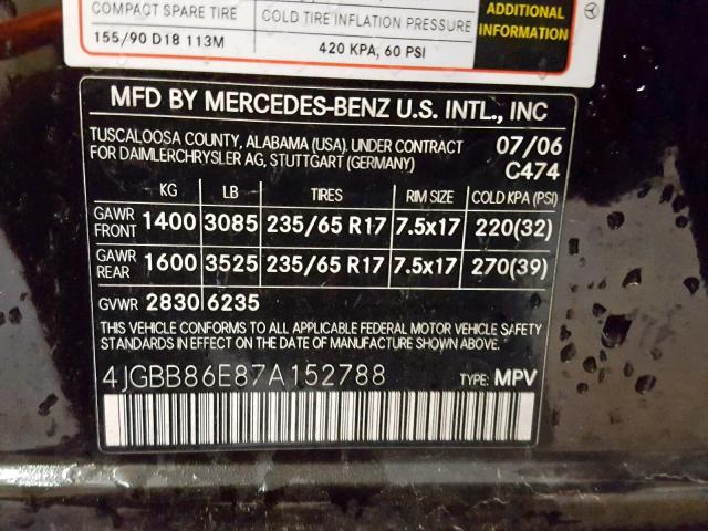 4JGBB86E87A152788 - 2007 MERCEDES-BENZ ML 350 BLACK photo 10