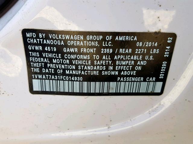 1VWAT7A31FC014930 - 2015 VOLKSWAGEN PASSAT S WHITE photo 10