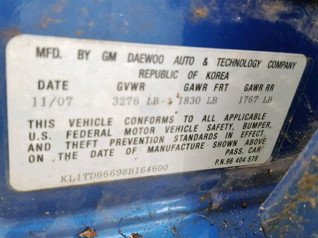 KL1TD66698B164600 - 2008 CHEVROLET AVEO BASE Mavi foto 10