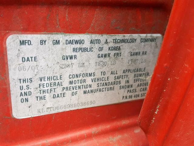 KL1TD66698B038690 - 2008 CHEVROLET AVEO BASE Qırmızı foto 10