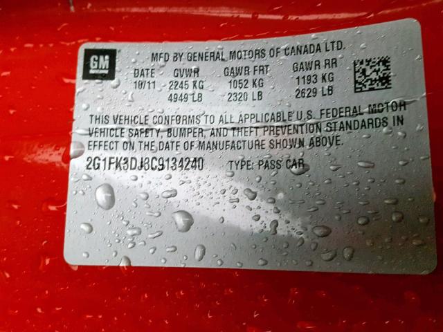 2G1FK3DJ3C9134240 - 2012 CHEVROLET CAMARO 2SS RED photo 10