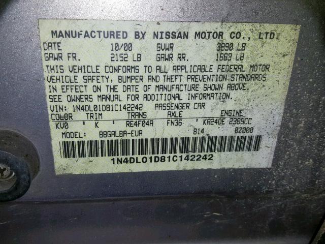 1N4DL01D81C142242 - 2001 NISSAN ALTIMA XE GOLD photo 10