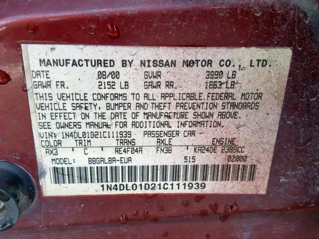 1N4DL01D21C111939 - 2001 NISSAN ALTIMA XE MAROON photo 10