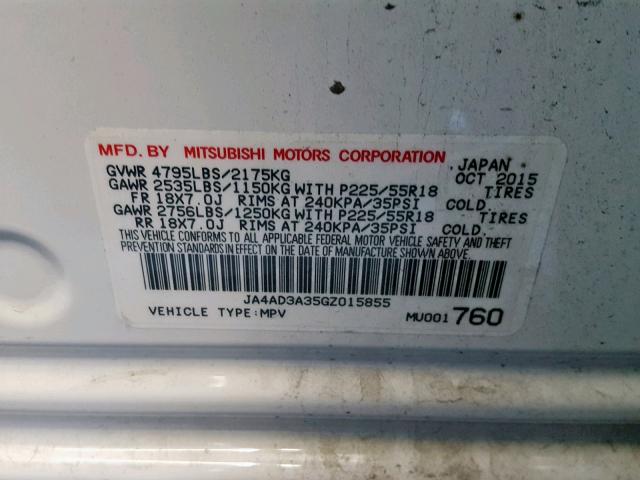 JA4AD3A35GZ015855 - 2016 MITSUBISHI OUTLANDER WHITE photo 10