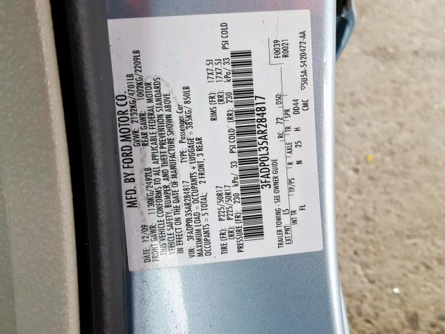 3FADP0L35AR284817 - 2010 FORD FUSION HYB BLUE photo 10