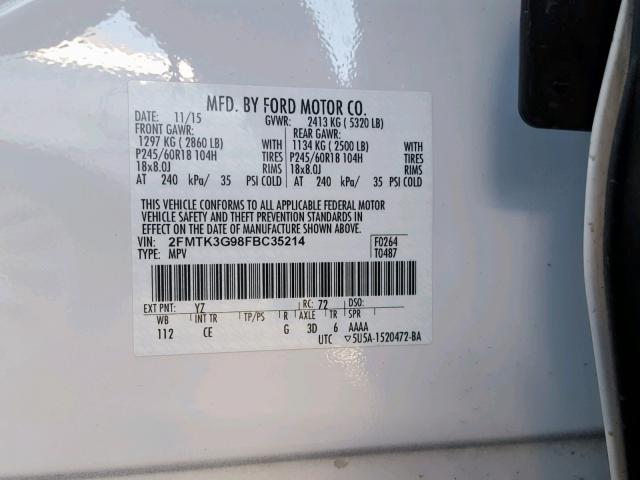 2FMTK3G98FBC35214 - 2015 FORD EDGE SE WHITE photo 10