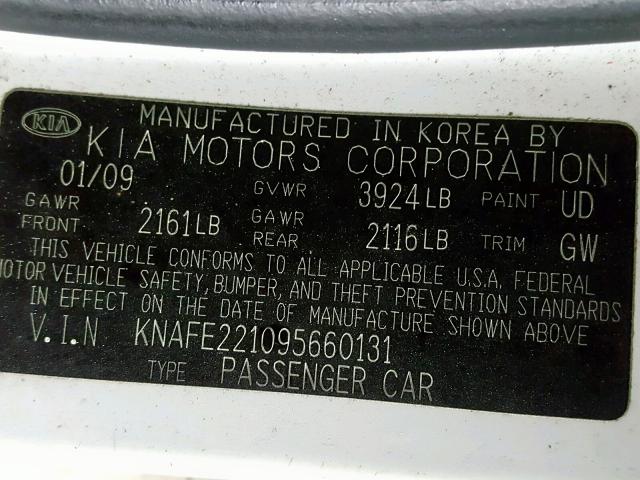 KNAFE221095660131 - 2009 KIA SPECTRA EX WHITE photo 10