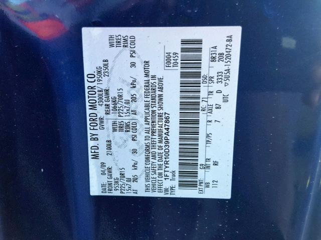 1FTYR10D39PA47867 - 2009 FORD RANGER BLUE photo 10