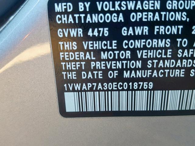 1VWAP7A30EC018759 - 2014 VOLKSWAGEN PASSAT S SILVER photo 10