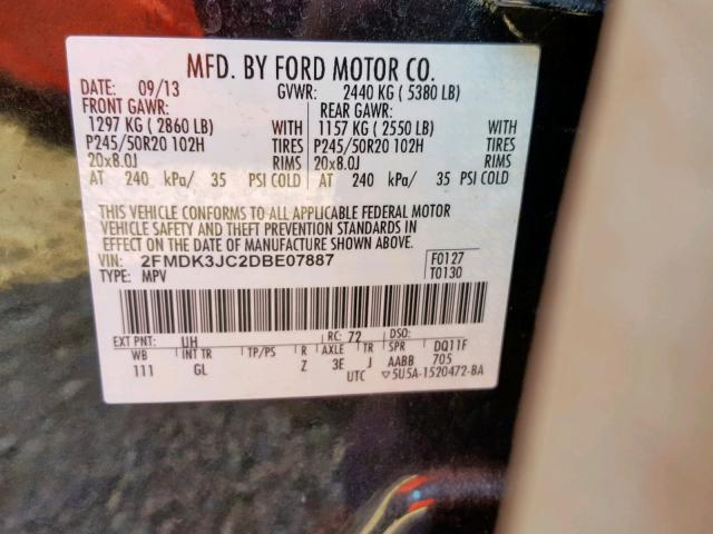 2FMDK3JC2DBE07887 - 2013 FORD EDGE SEL BLACK photo 10