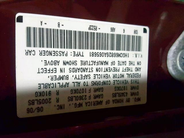 1HGCM66826A065681 - 2006 HONDA ACCORD EX BURGUNDY photo 10