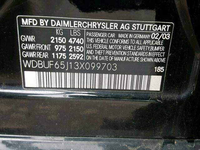 WDBUF65J13X099703 - 2003 MERCEDES-BENZ E 320 BLACK photo 10