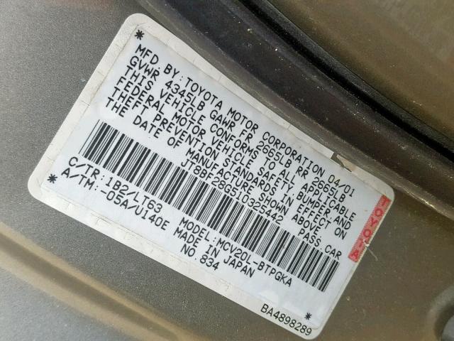 JT8BF28G510325442 - 2001 LEXUS ES 300 GRAY photo 10