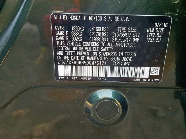 3CZRU6H50GM761241 - 2016 HONDA HR-V EX BLACK photo 10