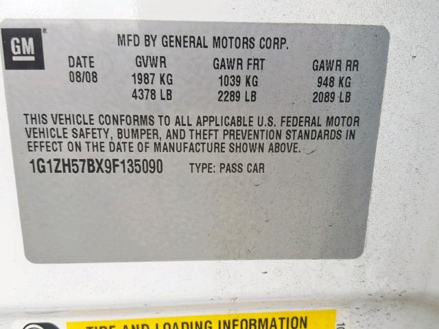 1G1ZH57BX9F135090 - 2009 CHEVROLET MALIBU 1LT WHITE photo 10