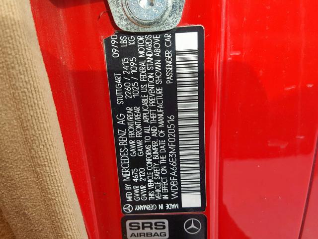 WDBFA66E3MF020516 - 1991 MERCEDES-BENZ 500 SL RED photo 10