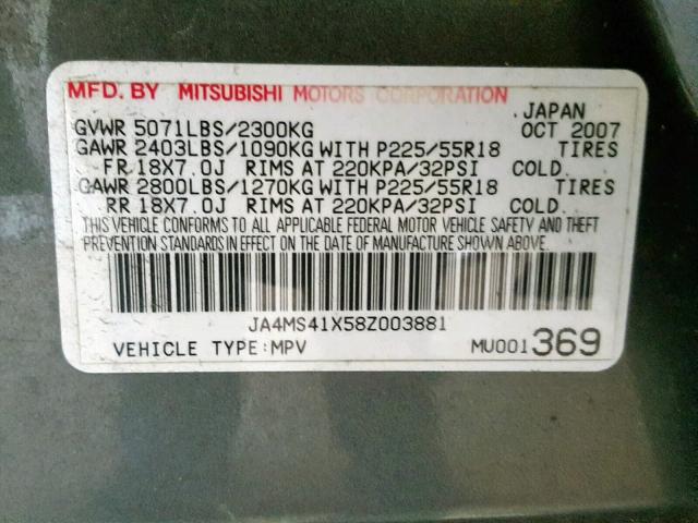 JA4MS41X58Z003881 - 2008 MITSUBISHI OUTLANDER GRAY photo 10