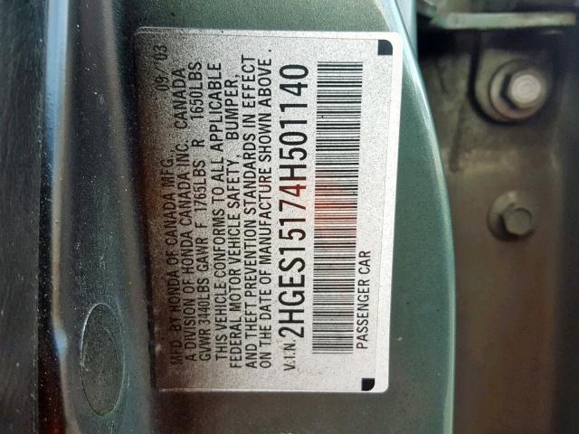 2HGES15174H501140 - 2004 HONDA CIVIC DX GREEN photo 10