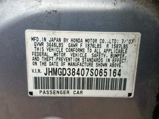 JHMGD38407S065164 - 2007 HONDA FIT SILVER photo 10