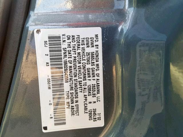 5FNRL18602B043559 - 2002 HONDA ODYSSEY EX GRAY photo 10