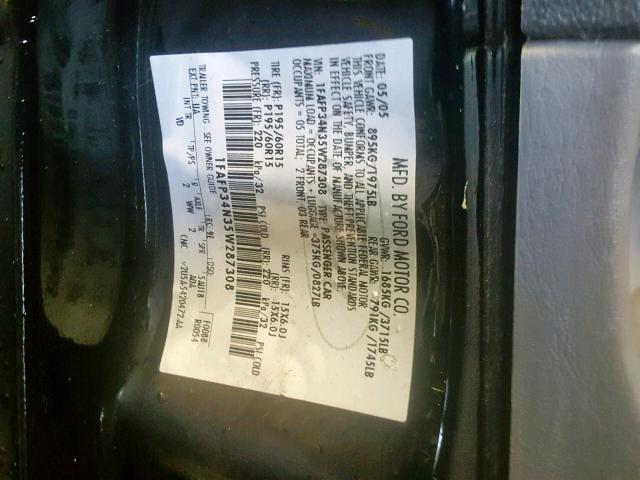 1FAFP34N35W287308 - 2005 FORD FOCUS ZX4 BLACK photo 10