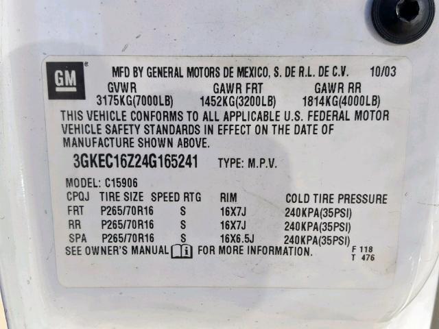 3GKEC16Z24G165241 - 2004 GMC YUKON XL C WHITE photo 10