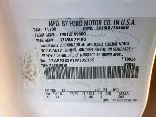1FAFP38391W192352 - 2001 FORD FOCUS ZTS WHITE photo 10