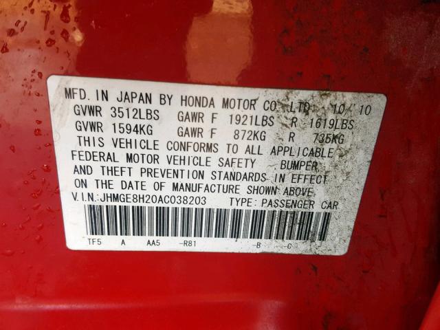 JHMGE8H20AC038203 - 2010 HONDA FIT RED photo 10