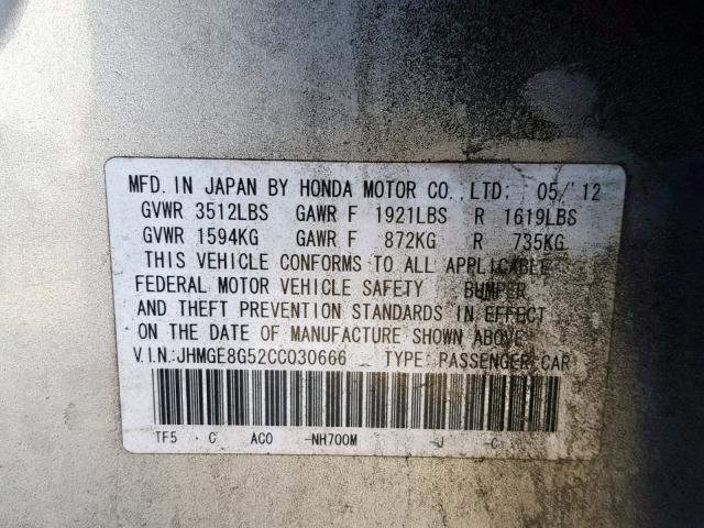 JHMGE8G52CC030666 - 2012 HONDA FIT SPORT SILVER photo 10