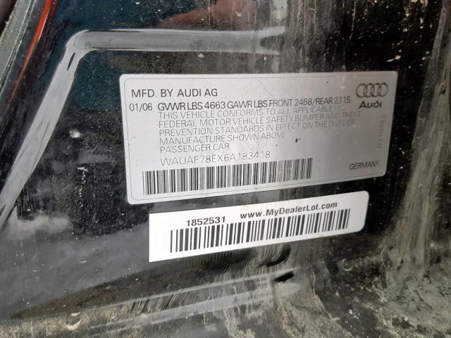 WAUAF78EX6A183418 - 2006 AUDI A4 2 BLACK photo 10