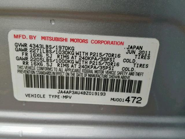 JA4AP3AU4BZ019193 - 2011 MITSUBISHI OUTLANDER SILVER photo 10