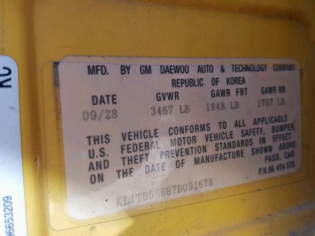 KL1TD56687B091678 - 2007 CHEVROLET AVEO BASE Sarı foto 10