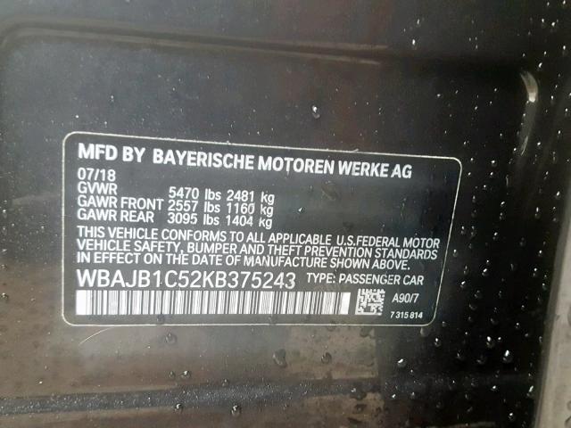 WBAJB1C52KB375243 - 2019 BMW 530XE GRAY photo 10