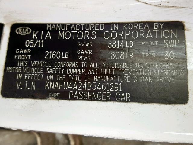 KNAFU4A24B5461291 - 2011 KIA FORTE EX WHITE photo 10