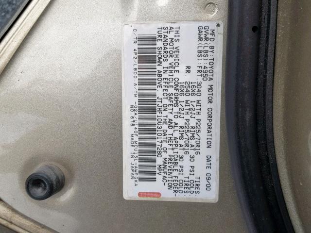 JTJHF10U310177280 - 2001 LEXUS RX 300 BEIGE photo 10