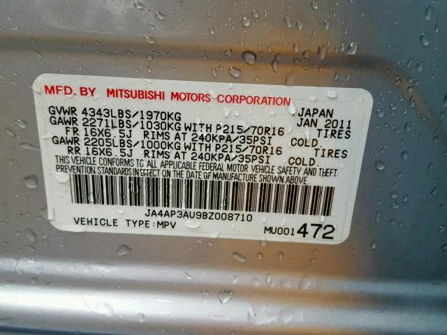 JA4AP3AU9BZ008710 - 2011 MITSUBISHI OUTLANDER SILVER photo 10