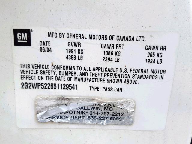 2G2WP522651129541 - 2005 PONTIAC GRAND PRIX WHITE photo 10