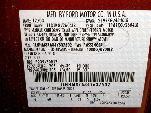 1LNHM87A84Y637502 - 2004 LINCOLN LS BURGUNDY photo 10